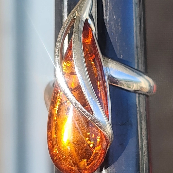 Elegant Sterling Silver Modern Amber Women's Ring Size 6 Vintage Jewelry - Picture 5 of 5